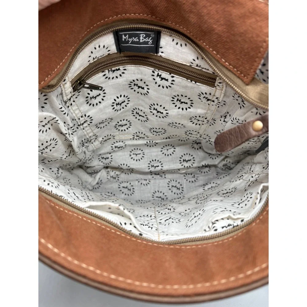 Myra Bag Southwestern Aztec Canvas Leather Crossbody Messenger Bag Brown